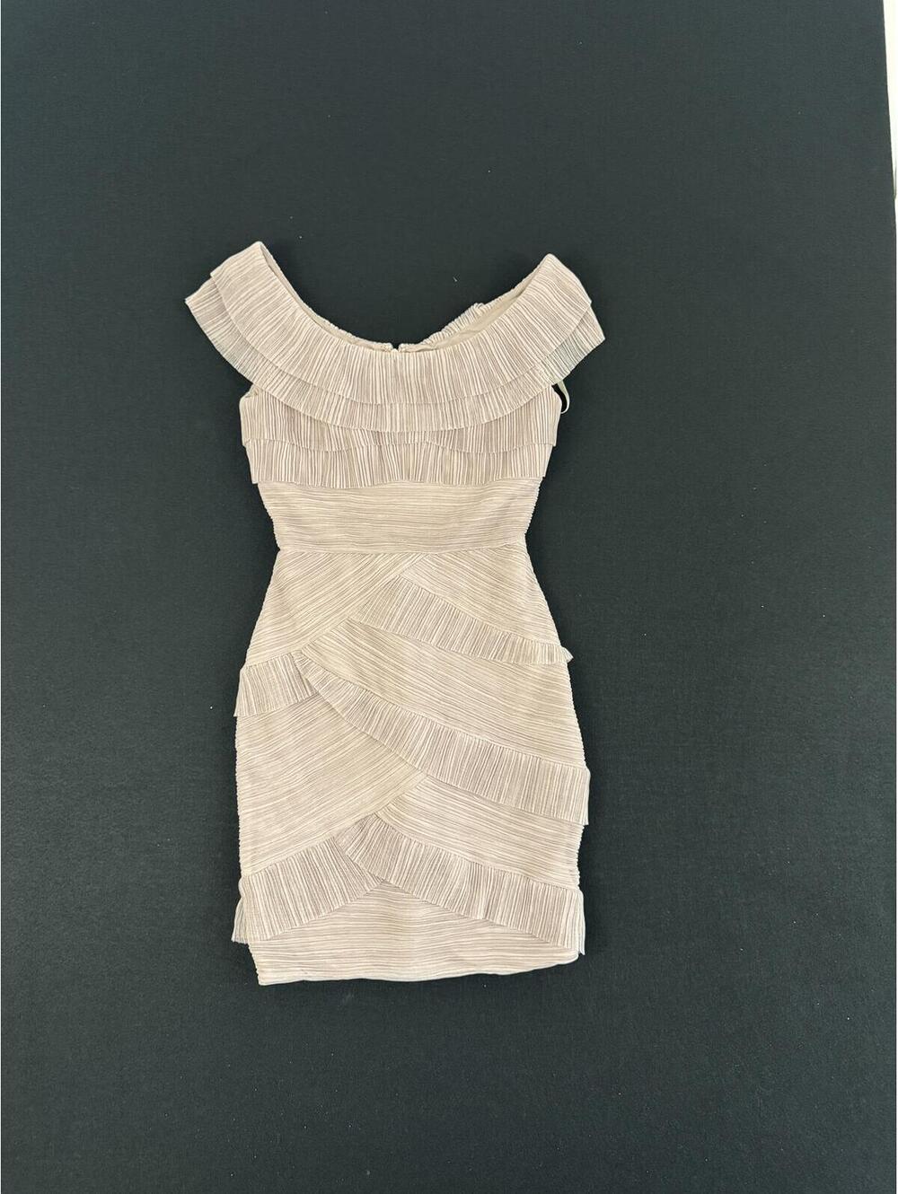 BCBG Maxazria Beige Off-Shoulder Ruffle Detail Mini Dress Size 0